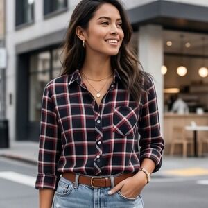 J. Jill MP Plaid Button Down Shirt Medium Petite Black Red White Cotton